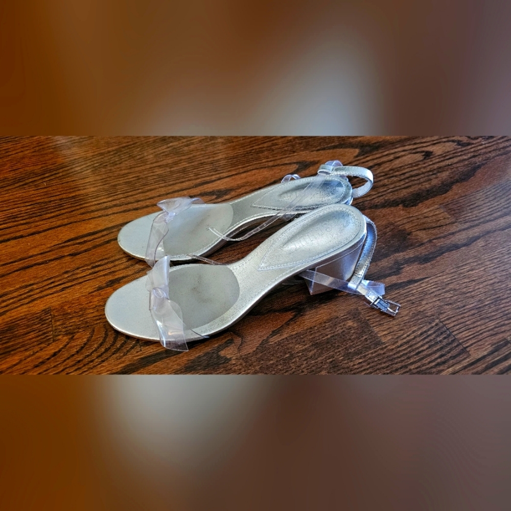SCHUTZ Elyda Silver Leather Dress Open Toe Ankle Strap Block Heeled Sandals 7B